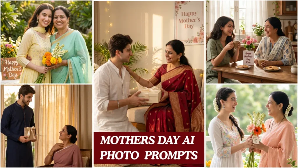 A cinematic mothers day ai photo editing prompt result showing an Indian mother and daughter in a warmly lit living room created using Gemini AI.