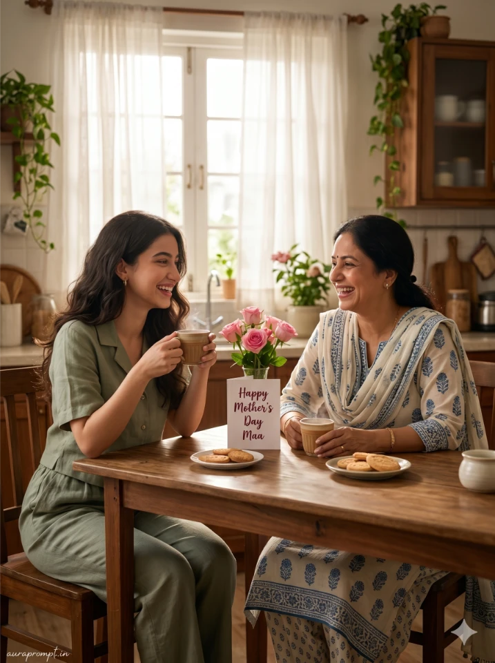 A cinematic mothers day ai photo editing prompt result showing an Indian mother and daughter in a warmly lit living room created using Gemini AI.