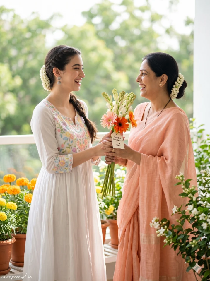 A cinematic mothers day ai photo editing prompt result showing an Indian mother and daughter in a warmly lit living room created using Gemini AI.
