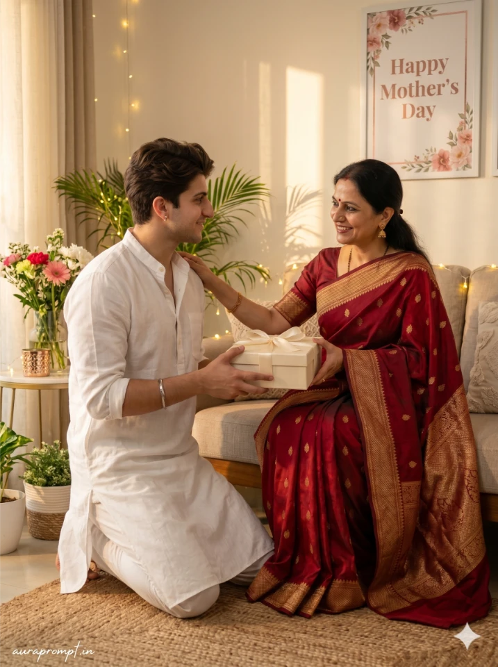 A cinematic mothers day ai photo editing prompt result showing an Indian mother and daughter in a warmly lit living room created using Gemini AI.