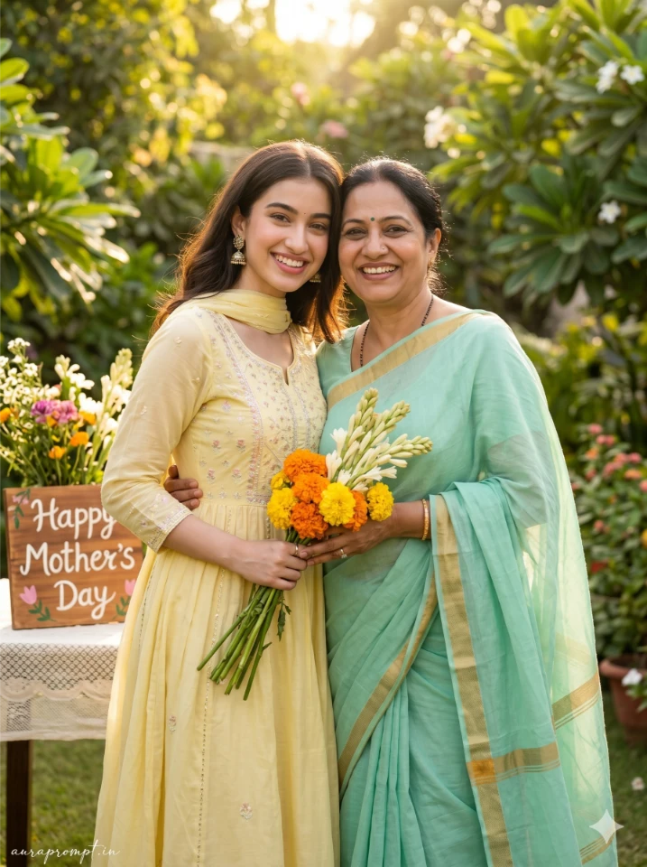 A cinematic mothers day ai photo editing prompts result showing an Indian mother and daughter in a warmly lit living room created using Gemini AI.