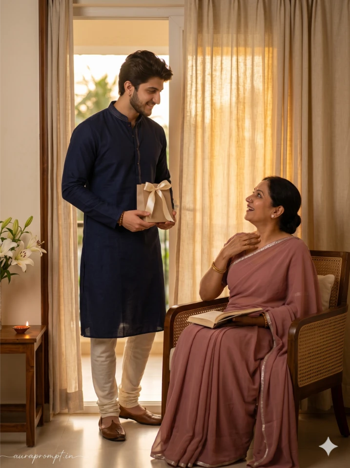 A cinematic mothers day ai photo editing prompt result showing an Indian mother and daughter in a warmly lit living room created using Gemini AI.