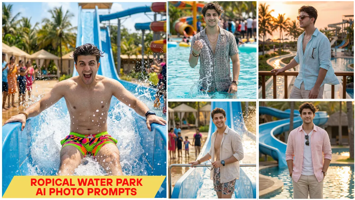 tropical water park AI photo editing prompts with ultra realistic water slide scene for Instagram creators