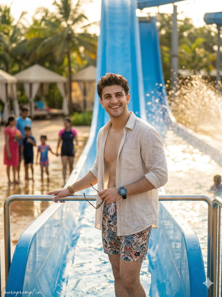 tropical water park AI photo editing prompts with ultra realistic water slide scene for Instagram creators