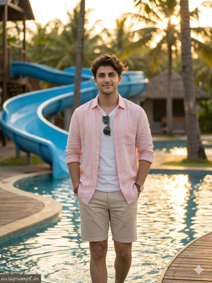 tropical water park AI photo editing prompts with ultra realistic water slide scene for Instagram creators