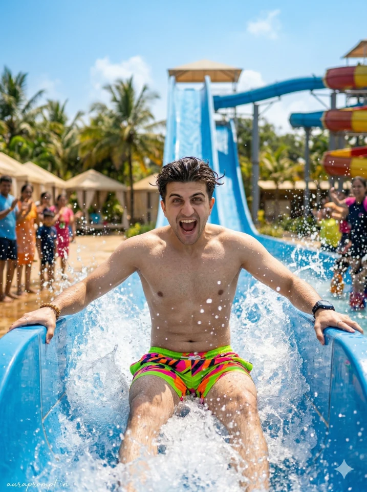 tropical water park AI photo editing prompts with ultra realistic water slide scene for Instagram creators