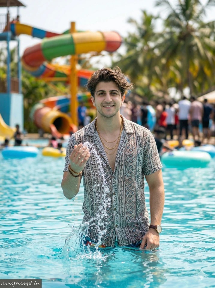 tropical water park AI photo editing prompts with ultra realistic water slide scene for Instagram creators