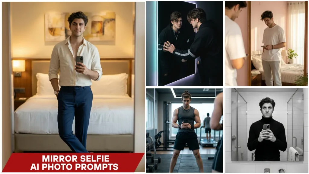 Ultra realistic mirror selfie AI prompts for cinematic portrait photography on Gemini