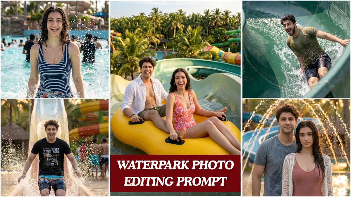 A cinematic waterpark photo editing prompt result showing a young Indian man mid-slide on a tropical water slide with realistic water splash effects created using Gemini AI.
