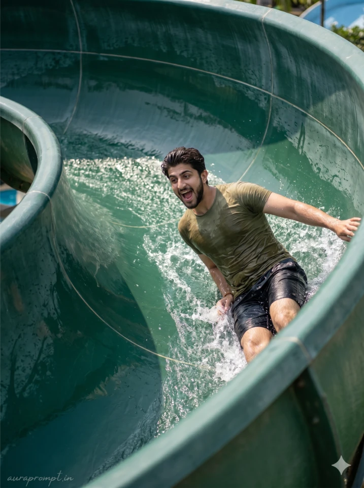 A cinematic waterpark photo editing prompt result showing a young Indian man mid-slide on a tropical water slide with realistic water splash effects created using Gemini AI.