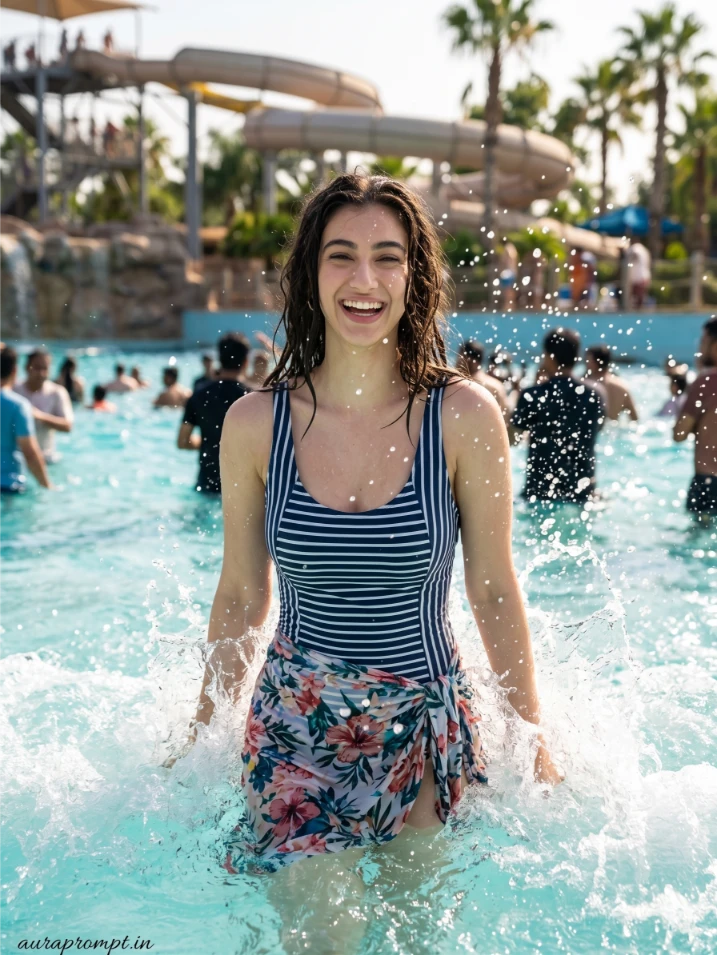 A cinematic waterpark photo editing prompt result showing a young Indian man mid-slide on a tropical water slide with realistic water splash effects created using Gemini AI.