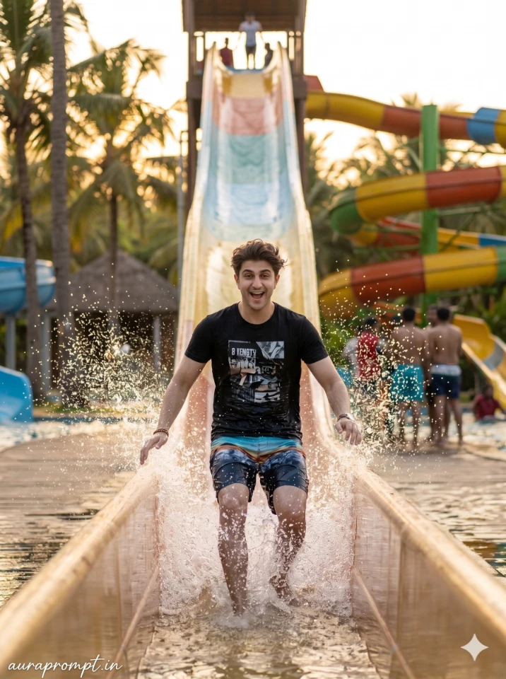 A cinematic waterpark photo editing prompt result showing a young Indian man mid-slide on a tropical water slide with realistic water splash effects created using Gemini AI.