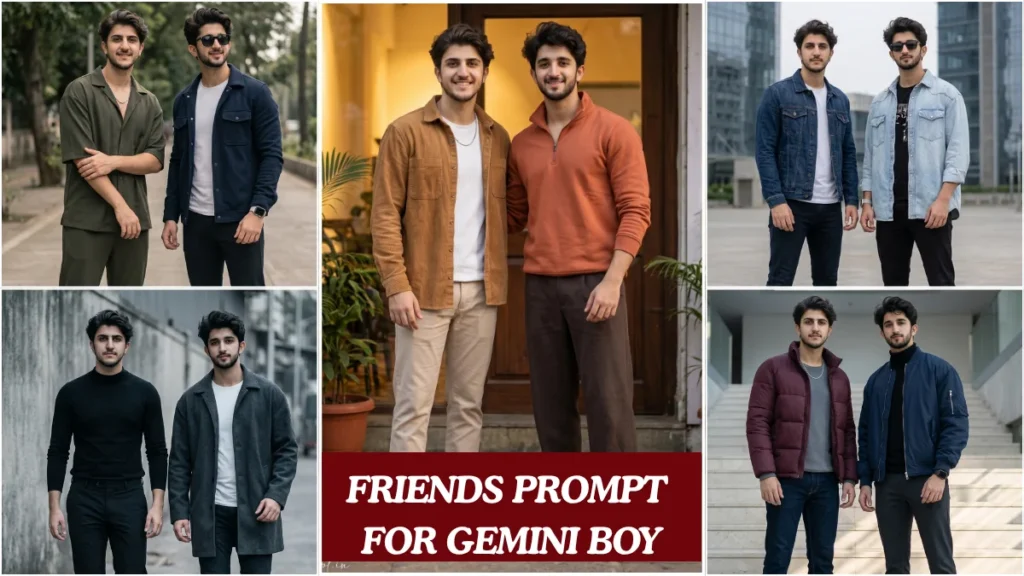 Two Indian boys in Pinterest-style outfits generated using a 2 friends prompt for Gemini boy with cinematic lighting and realistic faces.