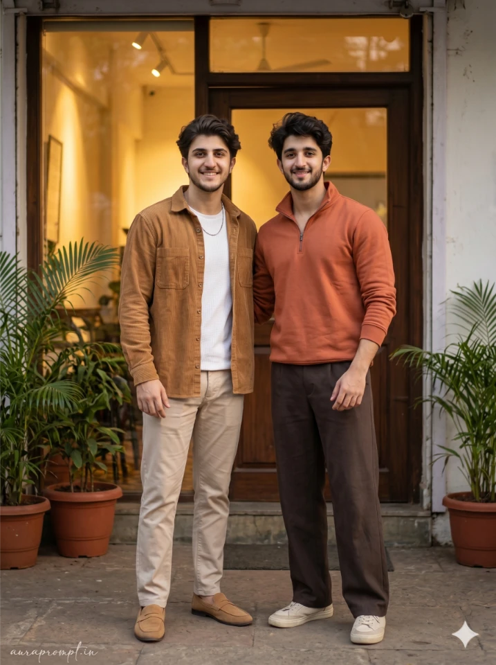 Two Indian boys in Pinterest-style outfits generated using a 2 friends prompt for Gemini boy with cinematic lighting and realistic faces.