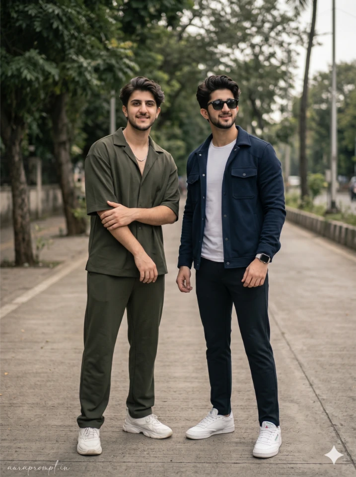 Two Indian boys in Pinterest-style outfits generated using a 2 friends prompt for Gemini boy with cinematic lighting and realistic faces.