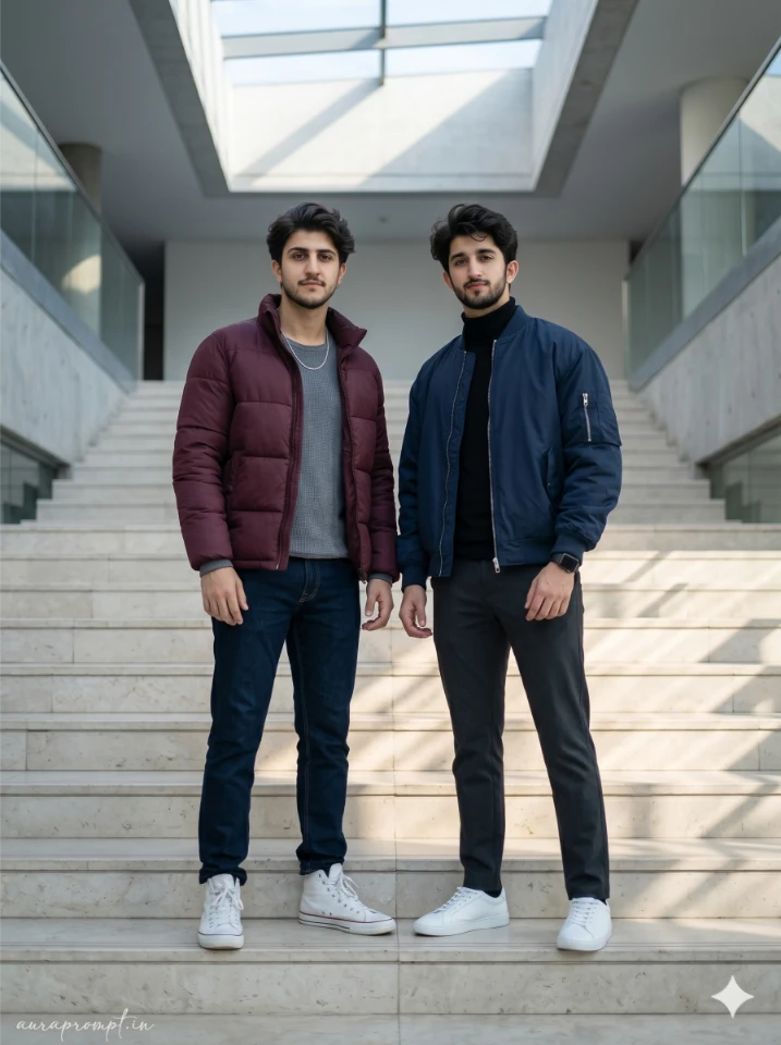 Two Indian boys in Pinterest-style outfits generated using a 2 friends prompt for Gemini boy with cinematic lighting and realistic faces.