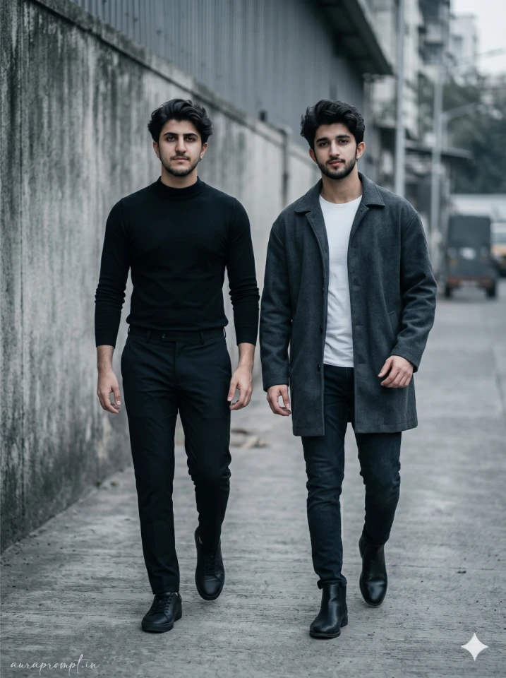 Two Indian boys in Pinterest-style outfits generated using a 2 friends prompt for Gemini boy with cinematic lighting and realistic faces.