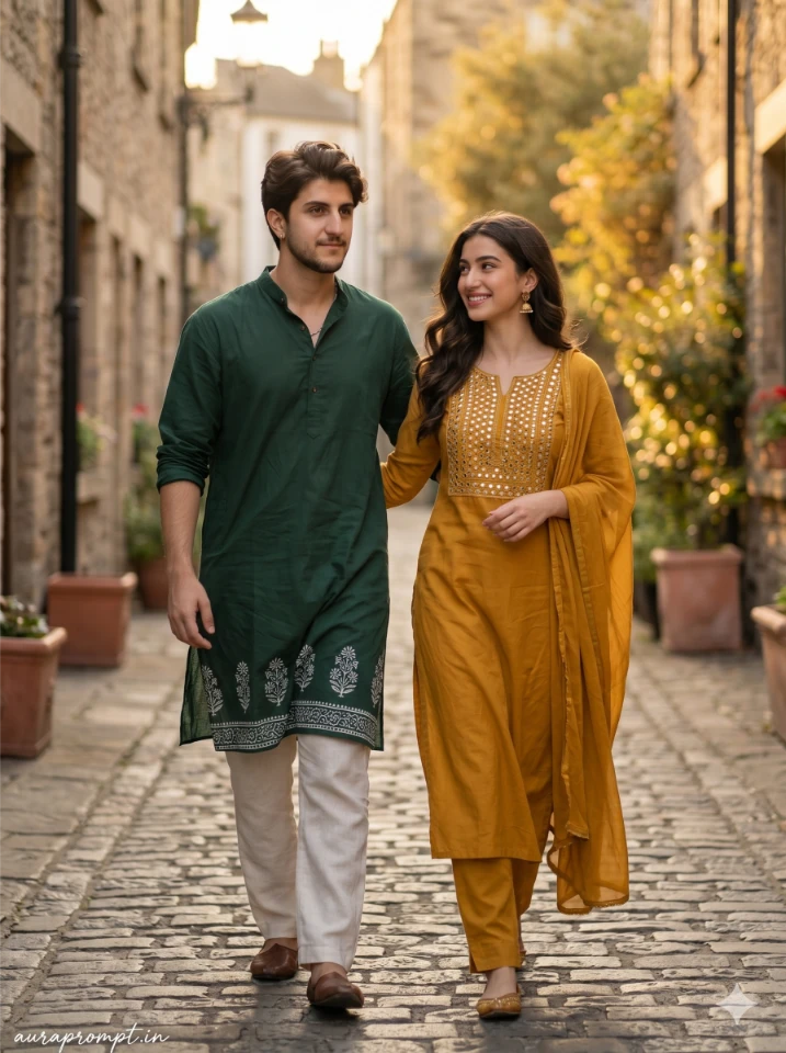 ChatGPT couple photo editing prompt result showing a man in forest green kurta and woman in mustard yellow mirror-work outfit on a cobblestone lane