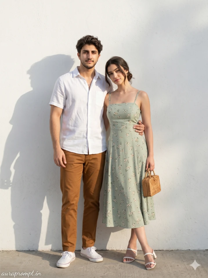 AI couple photo prompt output with man in white linen shirt and woman in sage green midi dress against a sunlit white wall, Pinterest summer outfits