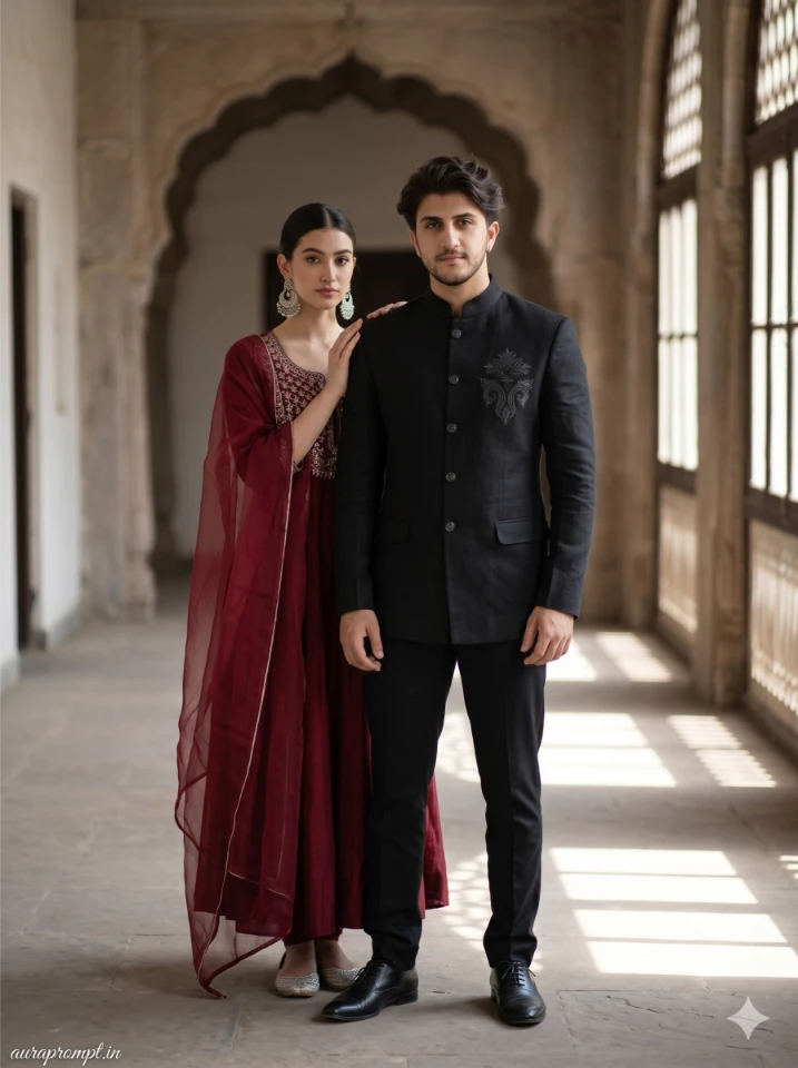 Romantic ChatGPT photo prompt for couples inside a heritage haveli corridor, man in black bandhgala jacket, woman in deep wine red anarkali