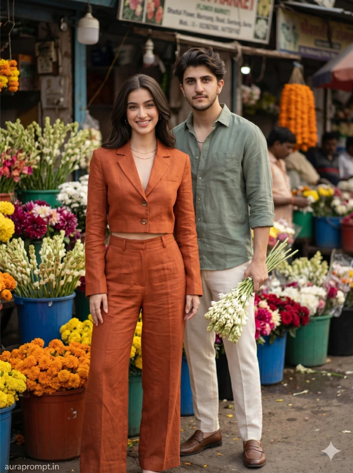Couple pose AI editing result at a colorful flower market, woman in rust orange coord set, man in sage green linen overshirt, cinematic edit