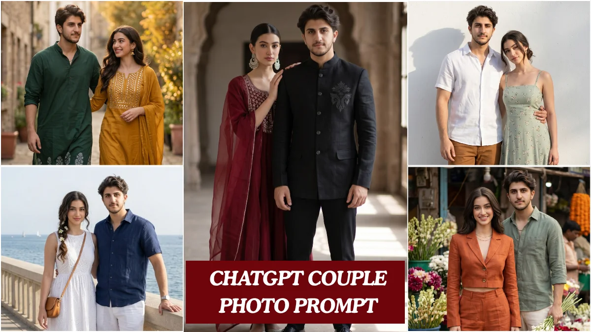 A cinematic Bollywood couple standing on a cobblestone lane using a ChatGPT couple photo editing prompt, warm amber light, Pinterest outfits