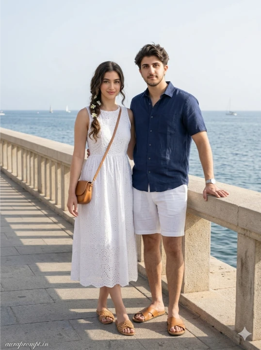 Viral couple photo effect generated with ChatGPT photo editing prompt, coastal promenade setting, white broderie dress and navy linen shirt, Pinterest aesthetic