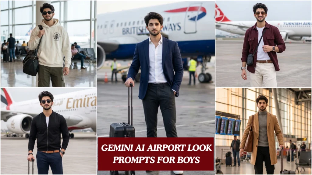 Five boys in cinematic airport looks generated using Gemini AI airport look prompts for boys, showing Pinterest-style travel outfits and realistic lighting