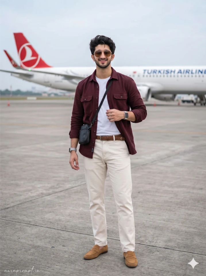 Man in maroon overshirt and cream trousers posing near Turkish Airlines aircraft, Gemini AI fashion prompts male cinematic travel edit