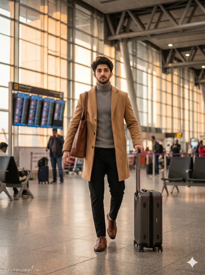 Young man in camel overcoat and turtleneck walking through airport departure hall with carry-on luggage, realistic airport look portrait prompt Gemini AI
