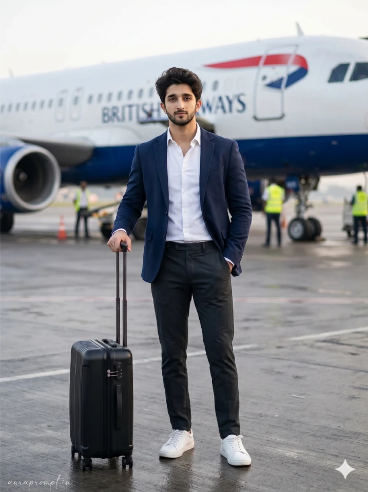 Young Indian man in navy blazer and white shirt standing on airport tarmac with British Airways aircraft in background, Gemini AI airport look prompts for boys
