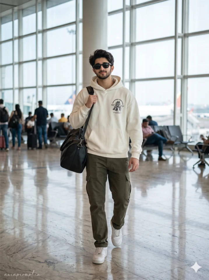 Boy in oversized cream hoodie and olive cargo pants walking through modern airport terminal interior, best airport outfit prompts for AI photoshoot