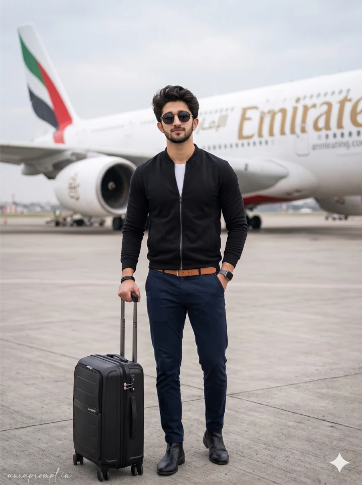 Indian male in black bomber jacket with Emirates aircraft background on tarmac, viral AI airport style prompts for boys copy paste ready