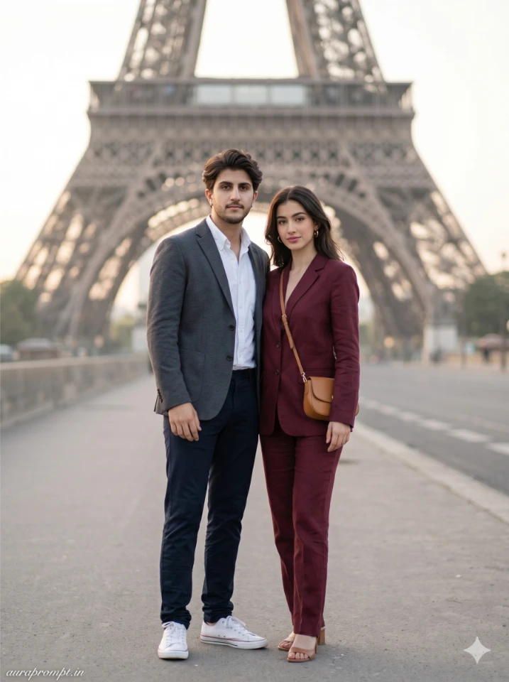 Gemini AI Paris couple photoshoot prompt, woman in deep burgundy coord set and man in charcoal blazer, soft morning light at Eiffel Tower