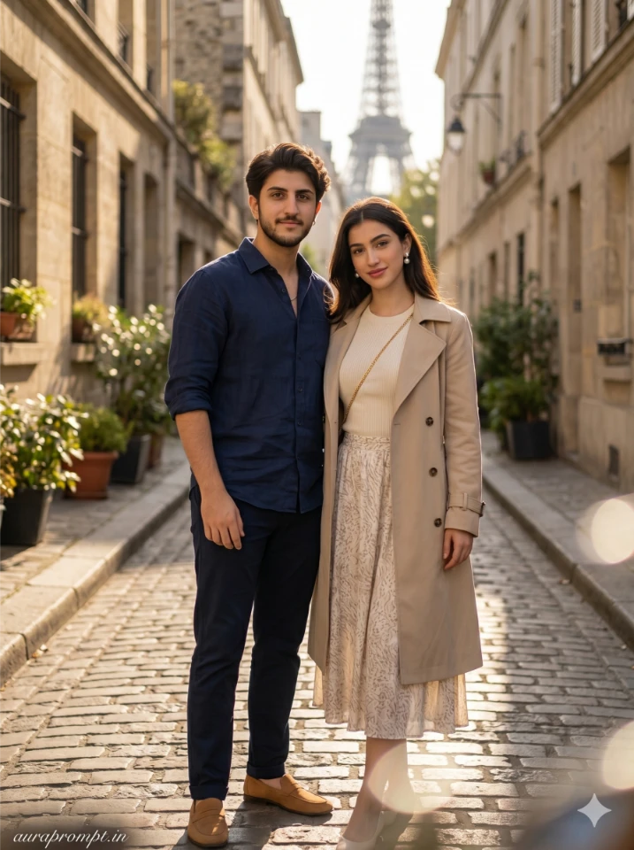 Gemini AI romantic photoshoot prompt, couple in navy and ivory Pinterest outfits, golden afternoon light on Paris cobblestone street