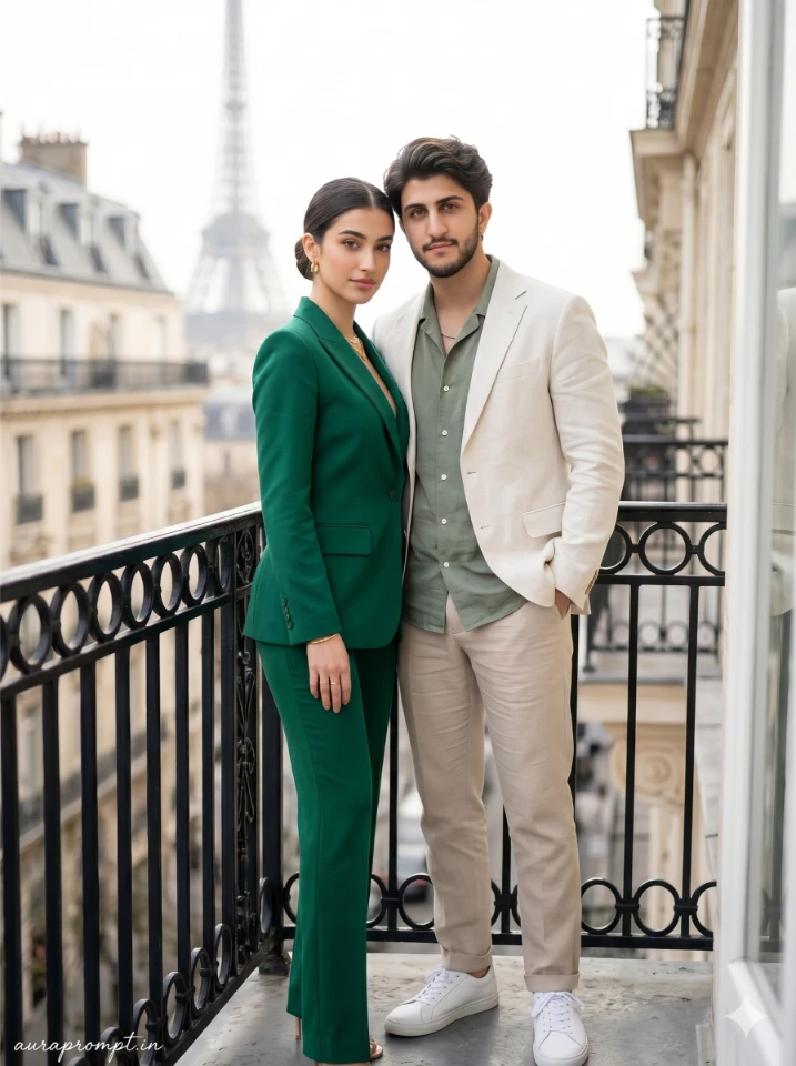 Cinematic Paris couple photography AI prompt, woman in emerald green dress and man in olive jacket, editorial lighting Eiffel Tower view