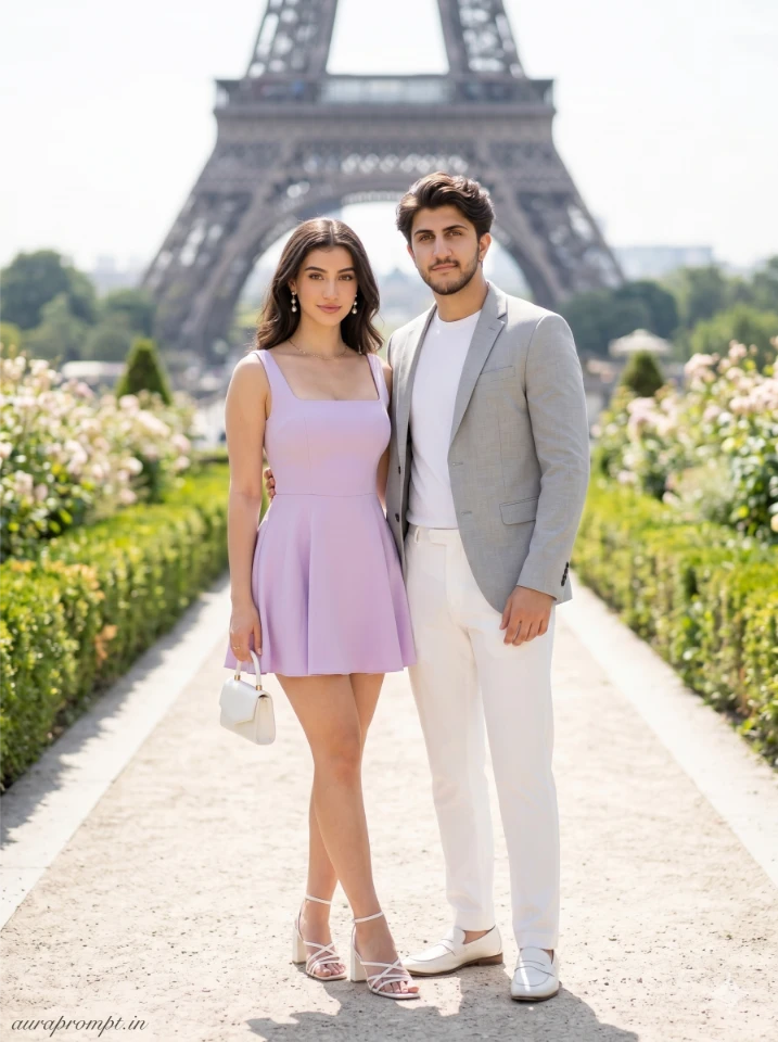 Gemini AI romantic photoshoot prompt, woman in pastel lilac short Pinterest dress and man in light grey blazer, soft daylight Paris garden path with Eiffel Tower in background