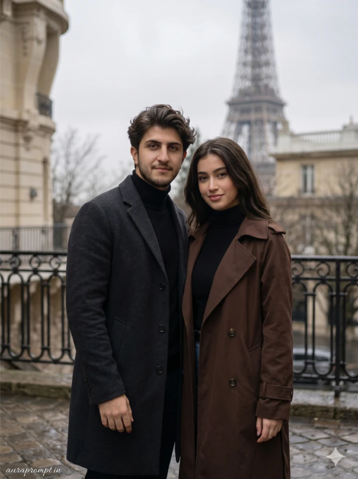 Eiffel Tower couple pose prompt, dark academia outfits, man in black turtleneck and woman in brown trench coat, overcast Paris editorial