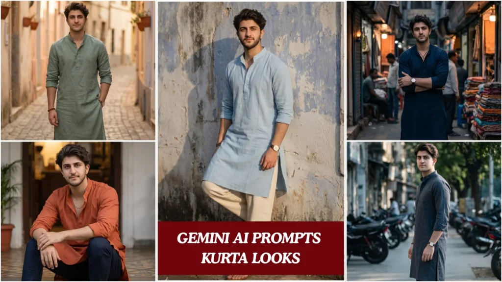A cinematic Gemini AI boy photo prompt showing an Indian guy in a premium summer kurta on an urban street background.