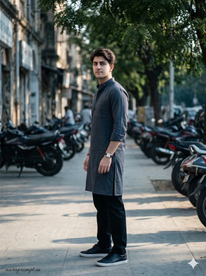 A cinematic Gemini AI boy photo prompt showing an Indian guy in a premium summer kurta on an urban street background.