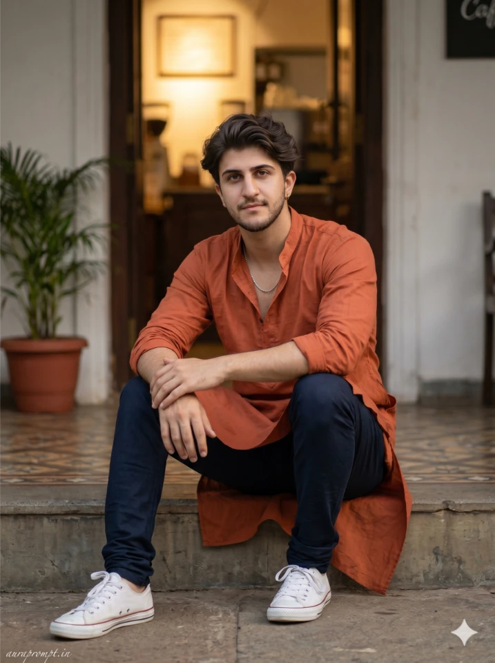 A cinematic Gemini AI boy photo prompt showing an Indian guy in a premium summer kurta on an urban street background.