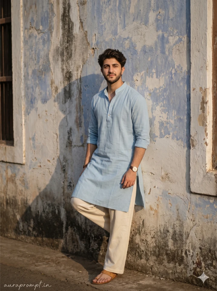 A cinematic Gemini AI boy photo prompt showing an Indian guy in a premium summer kurta on an urban street background.