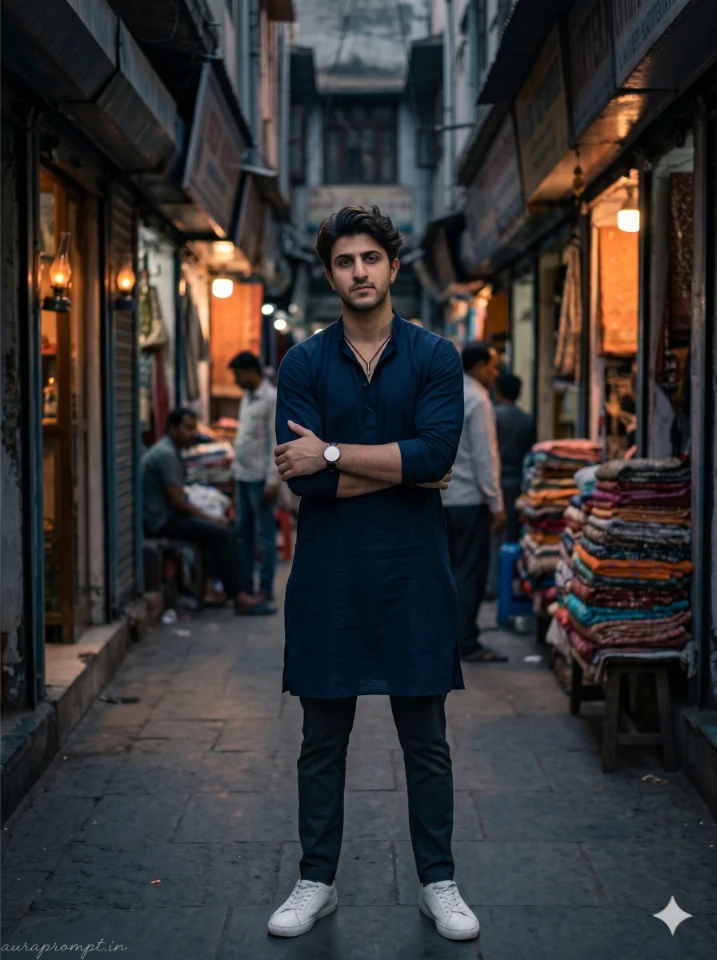 A cinematic Gemini AI boy photo prompt showing an Indian guy in a premium summer kurta on an urban street background.