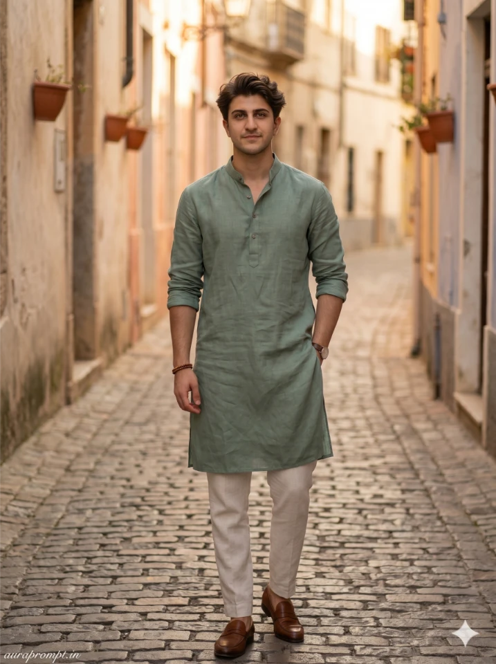 A cinematic Gemini AI boy photo prompt showing an Indian guy in a premium summer kurta on an urban street background.