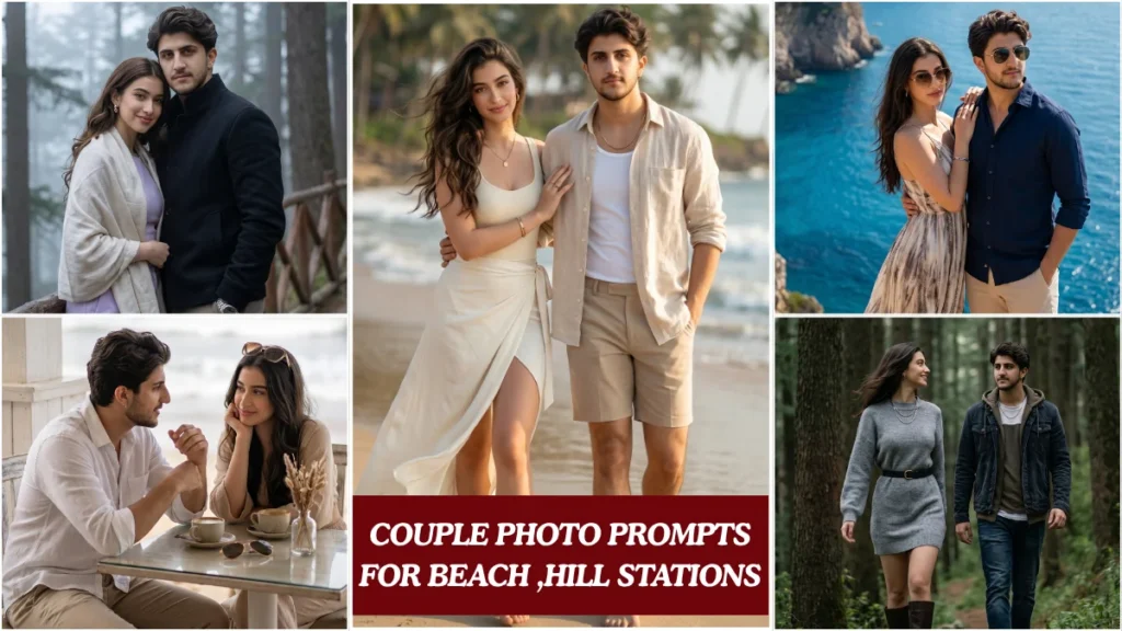 Gemini AI couple photo prompts for romantic Indian beach and hill station summer 2026 photoshoot