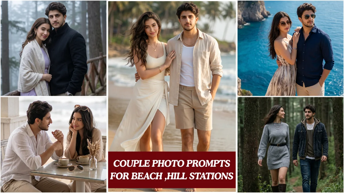 Gemini AI couple photo prompts for romantic Indian beach and hill station summer 2026 photoshoot
