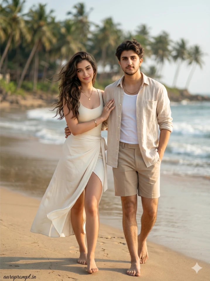 Gemini AI couple photo prompts for romantic Indian beach and hill station summer 2026 photoshoot