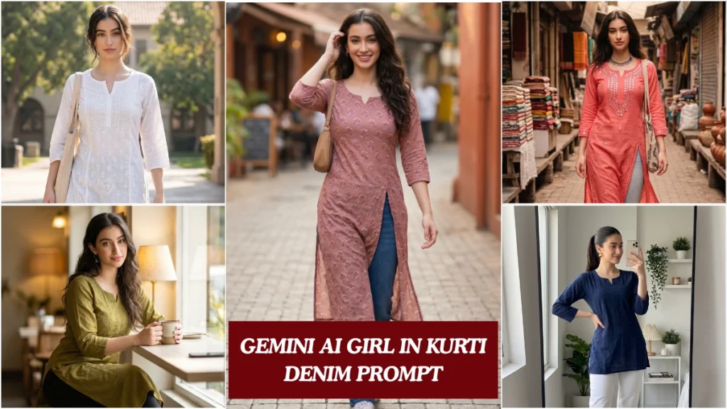 A young Indian woman in a dusty rose high-slit kurti layered over indigo blue denim jeans walking a cobblestone street captured using a Gemini AI girl in kurti denim prompt