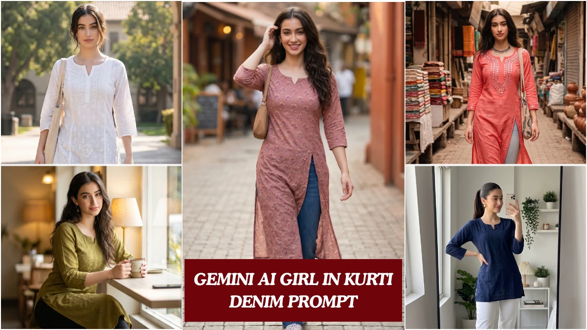 A young Indian woman in a dusty rose high-slit kurti layered over indigo blue denim jeans walking a cobblestone street captured using a Gemini AI girl in kurti denim prompt