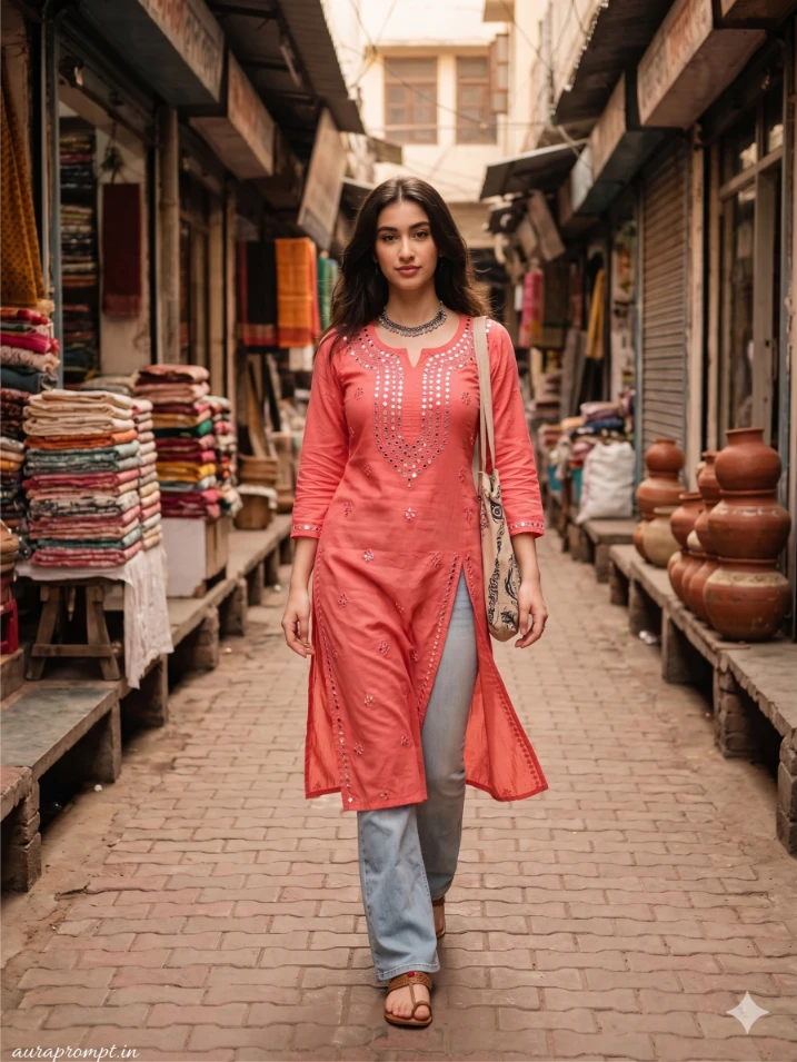 Stylish Indian woman in coral pink mirror work kurti and light-wash flared denim walking a colorful market lane using a Gemini AI kurti girl prompt